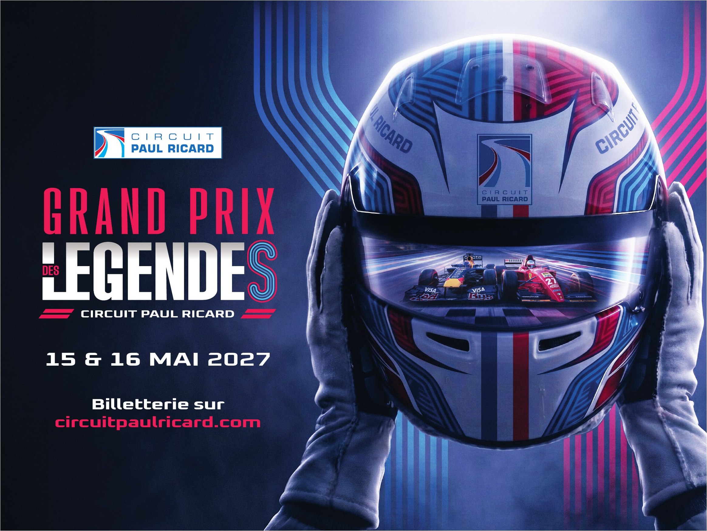 Affiche horizontale du Grand Prix des Légendes pour le Circuit Paul Ricard, avec casque de pilote et monoplaces