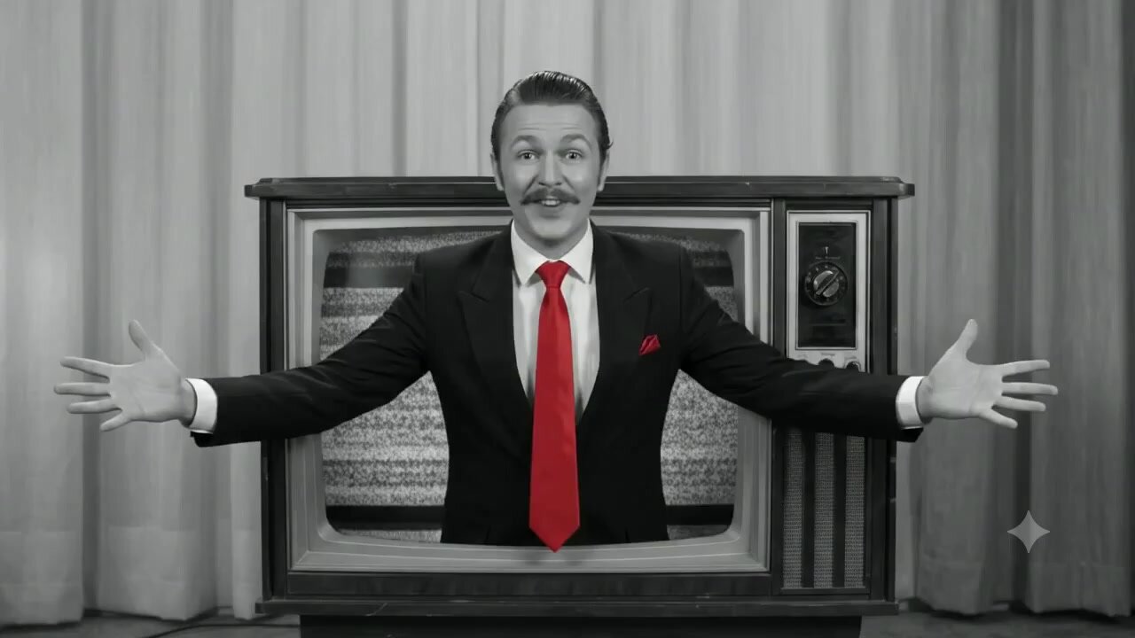 Homme en costume et cravate rouge émergeant d'un poste de télévision vintage, bras ouverts, illustration de la réactivité de l'agence DUNK!