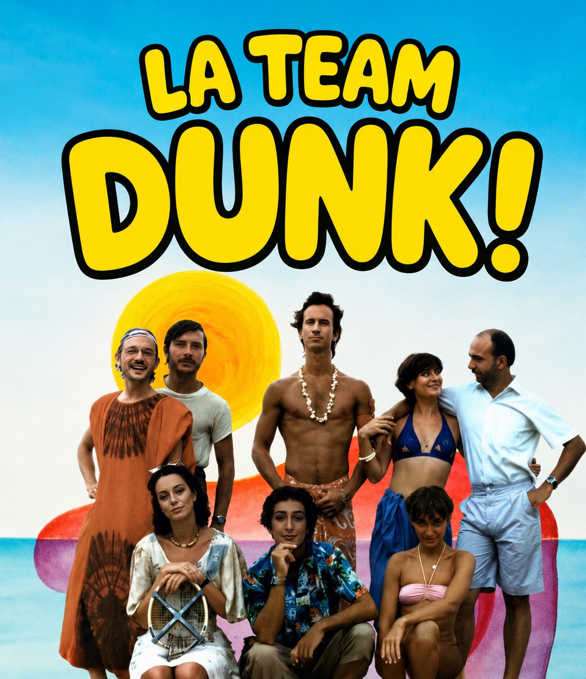 La Team DUNK! en couverture façon comédie estivale rétro, toute l'équipe réunie