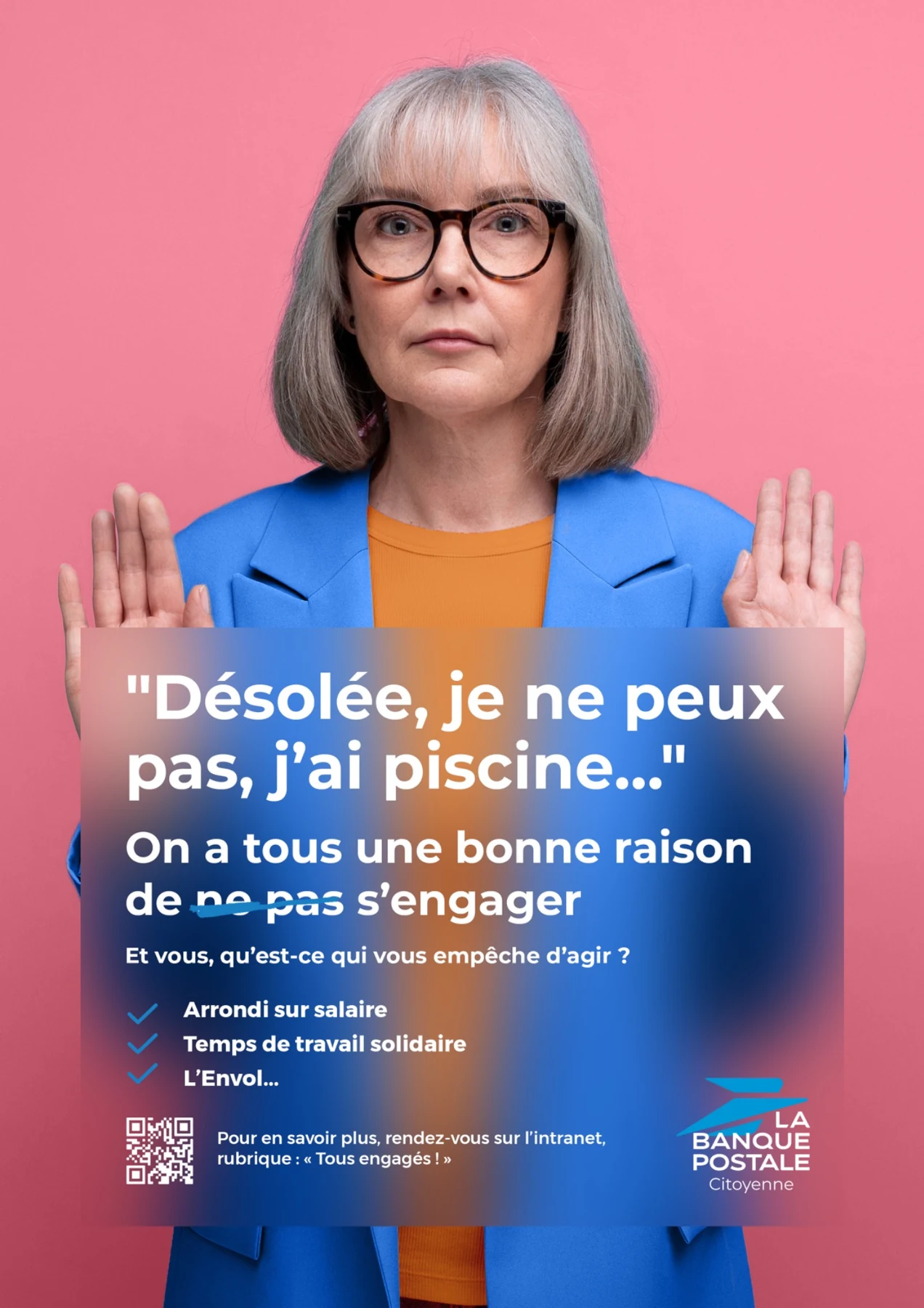 Affiche Tous engagés de La Banque Postale : « Désolée, je ne peux pas, j’ai piscine… »