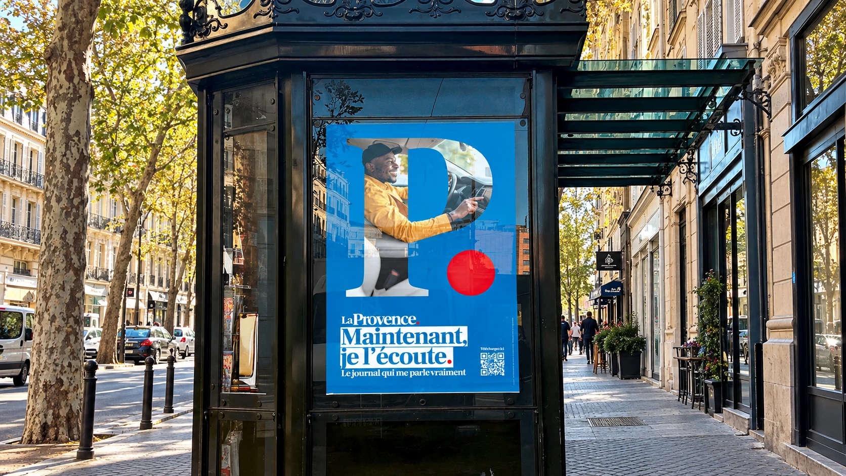 Affichage La Provence Audio sur un kiosque à Marseille : Maintenant, je l’écoute