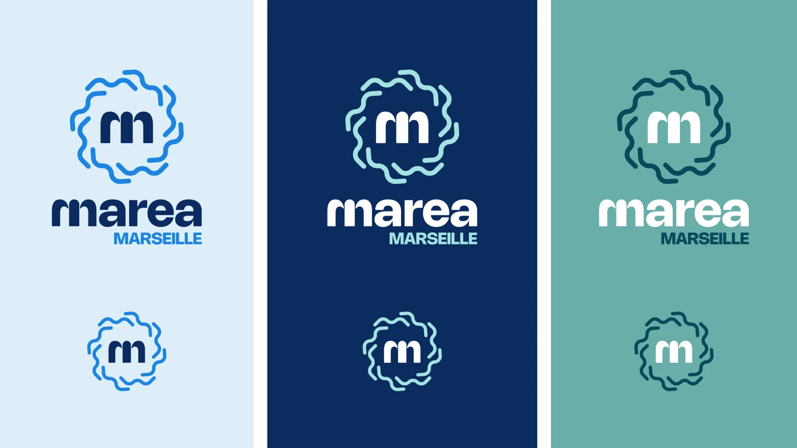 Déclinaisons du logo et de l’emblème MAREA sur les couleurs de la marque