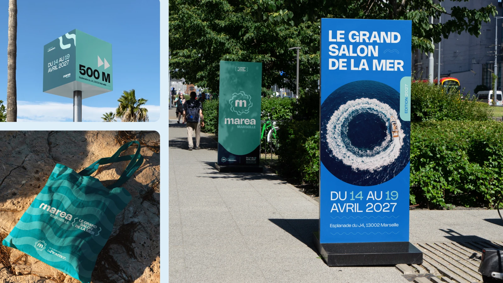 Applications MAREA en affichage urbain, signalétique et tote bag