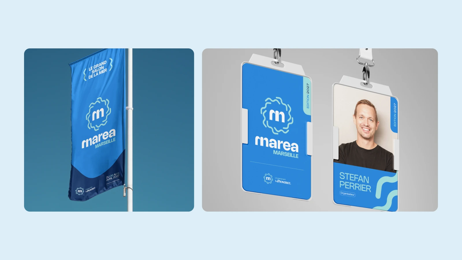 Applications du logo MAREA sur un drapeau et un badge